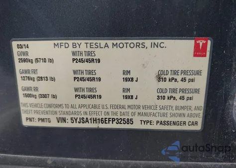 2014 Tesla Model S P85 from USA, damaged, VIN 5YJSA1H16EFP32585